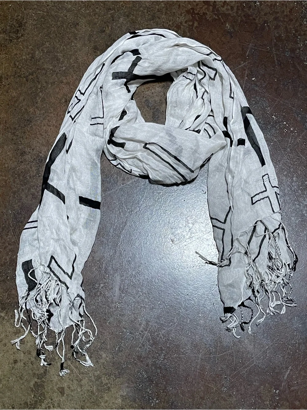 White Cross Print Fringe Scarf Wrap